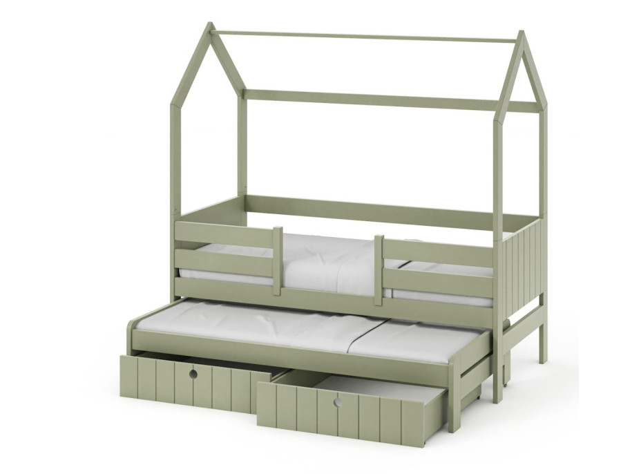 Dětská domečková postel z masivu borovice NOLAN II se šuplíky a přistýlkou - 180x80 cm - olivově zelená
