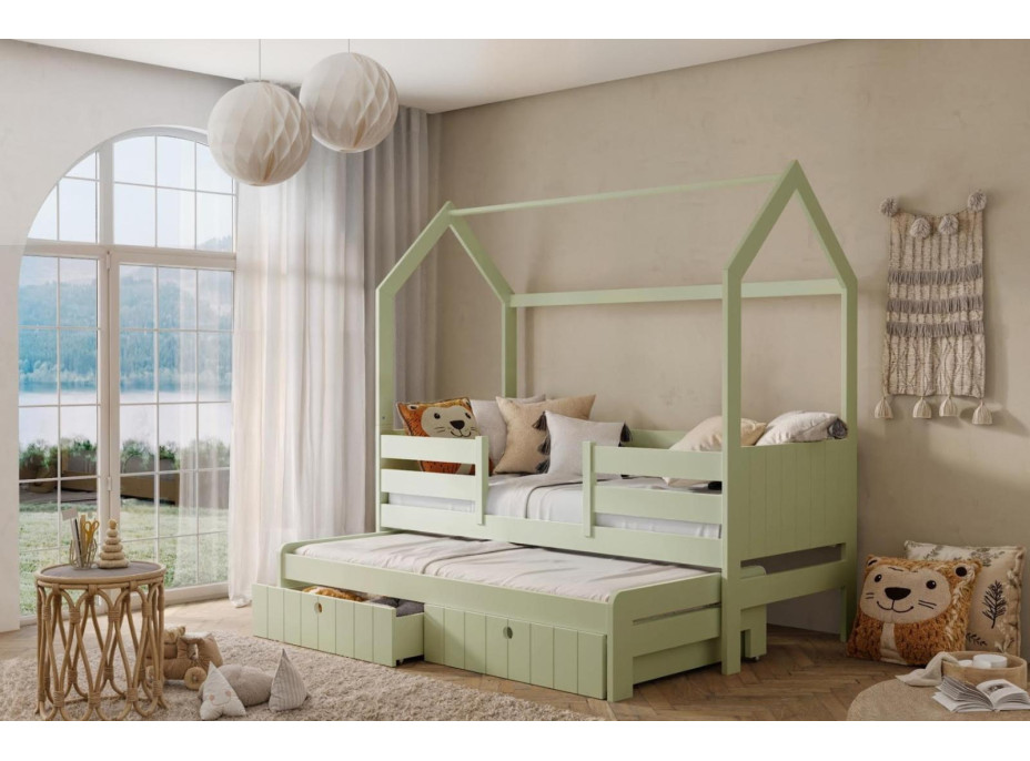 Dětská domečková postel z masivu borovice NOLAN II se šuplíky a přistýlkou - 200x90 cm - olivově zelená