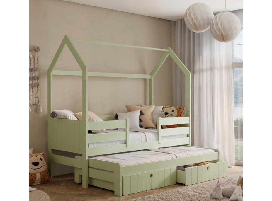 Dětská domečková postel z masivu borovice NOLAN II se šuplíky a přistýlkou - 180x80 cm - olivově zelená