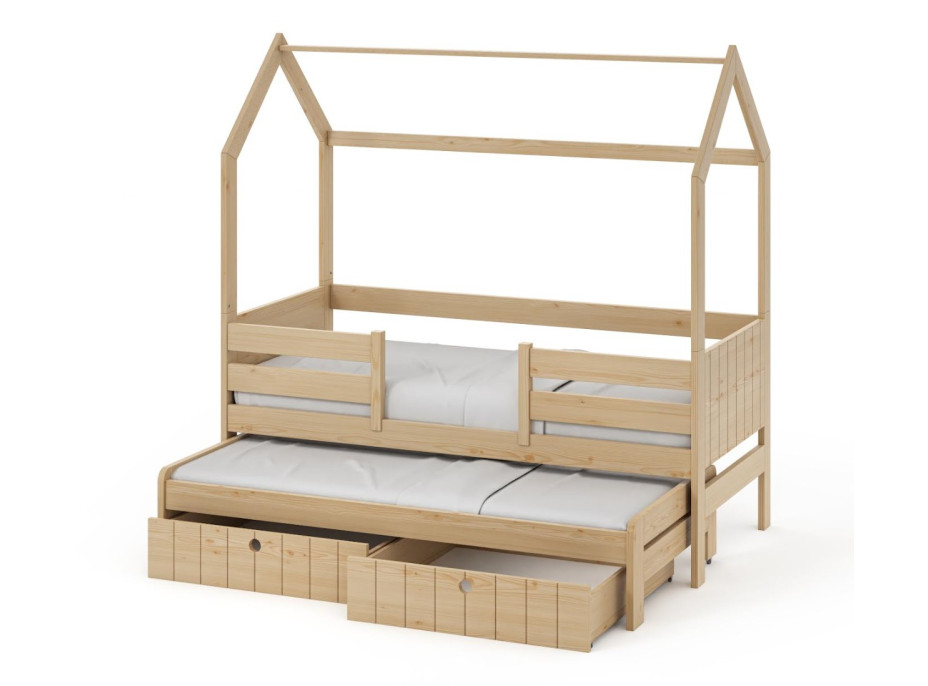 Dětská domečková postel z masivu borovice NOLAN II se šuplíky a přistýlkou - 180x80 cm - přírodní borovice