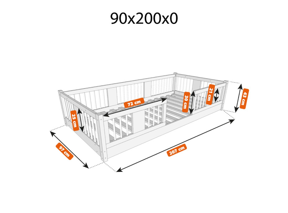 Dětská Montessori postel z masivu borovice LUNA - 200x90 cm