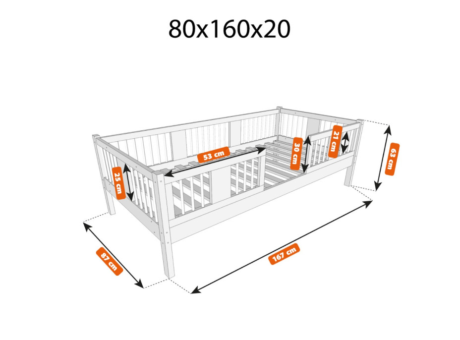 Dětská postel z masivu borovice LUNA 20 - 160x80 cm