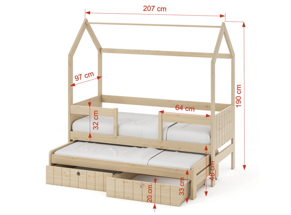 Dětská domečková postel z masivu borovice NOLAN II se šuplíky a přistýlkou - 200x90 cm - olivově zelená