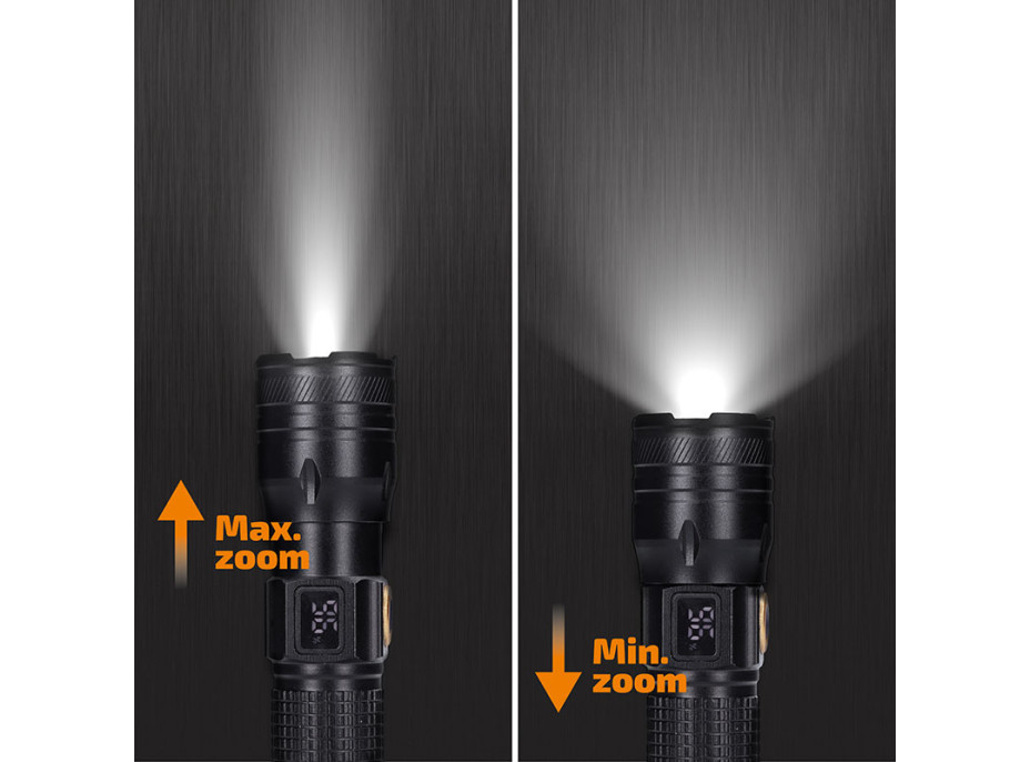 Solight LED nabíjecí svítilna s displayem, 200lm, zoom, Li-Ion