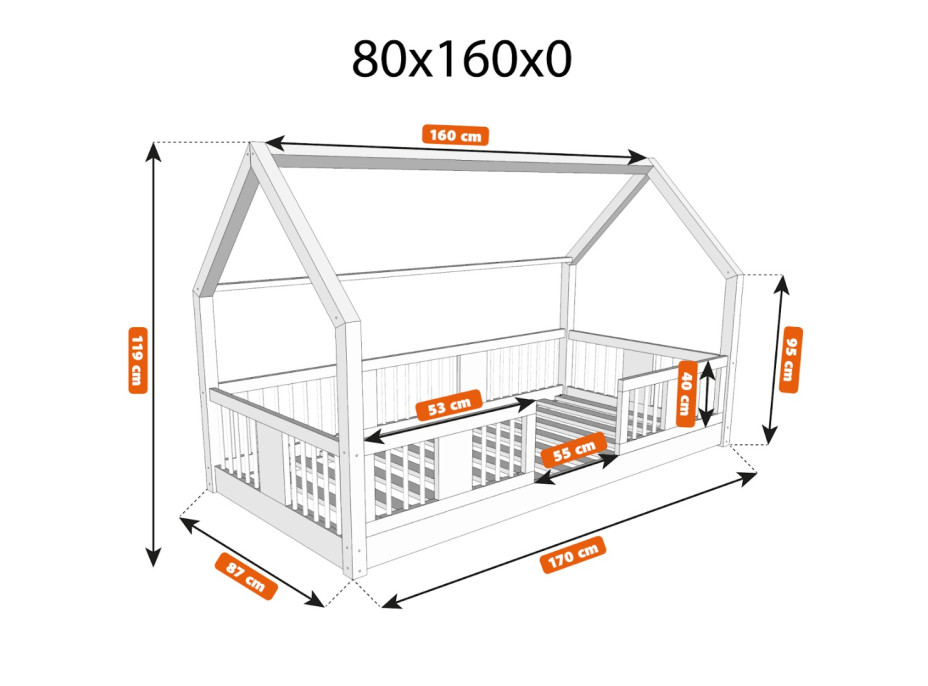 Dětská domečková Montessori postel z masivu borovice LUNA L - 160x80 cm
