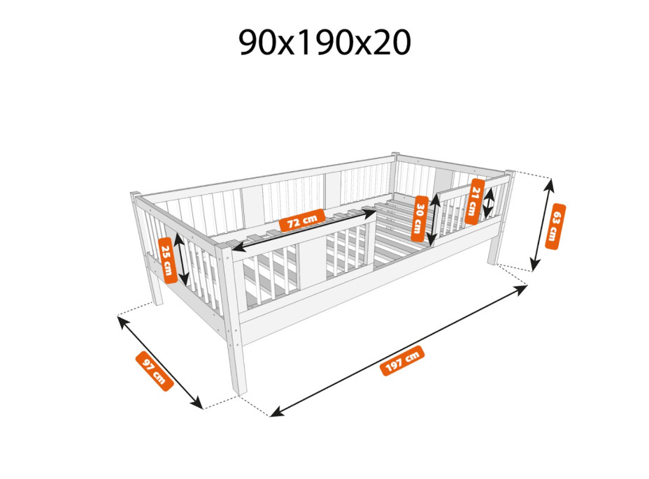 Dětská postel z masivu borovice LUNA 20 - 190x90 cm