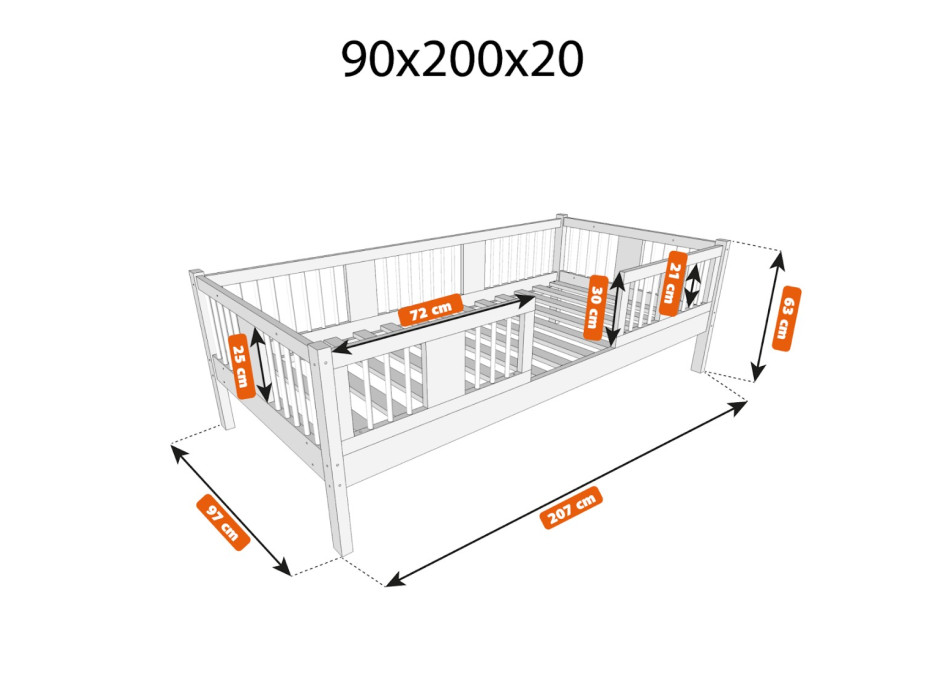Dětská postel z masivu borovice LUNA 20 - 200x90 cm
