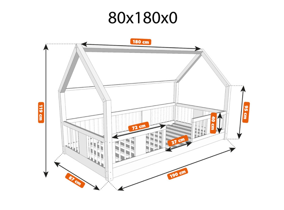 Dětská domečková Montessori postel z masivu borovice LUNA L - 180x80 cm
