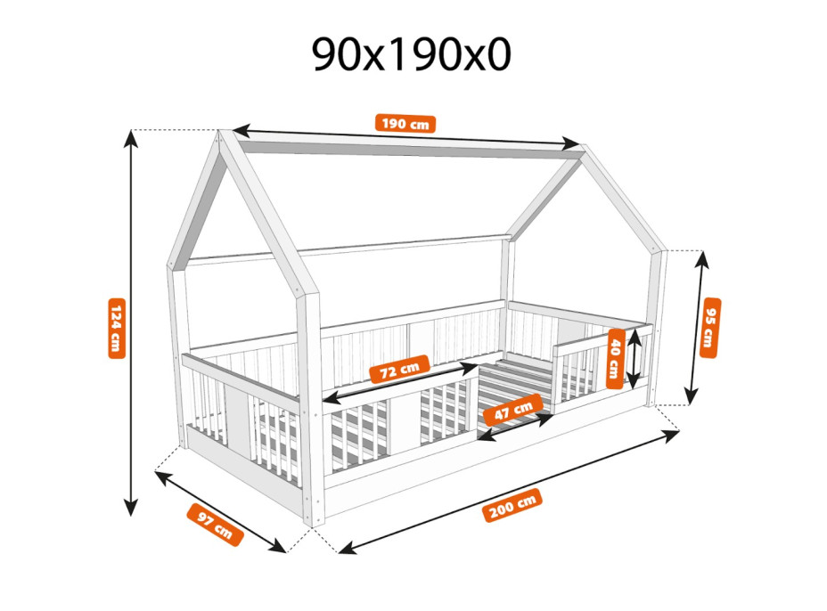 Dětská domečková Montessori postel z masivu borovice LUNA L - 190x90 cm