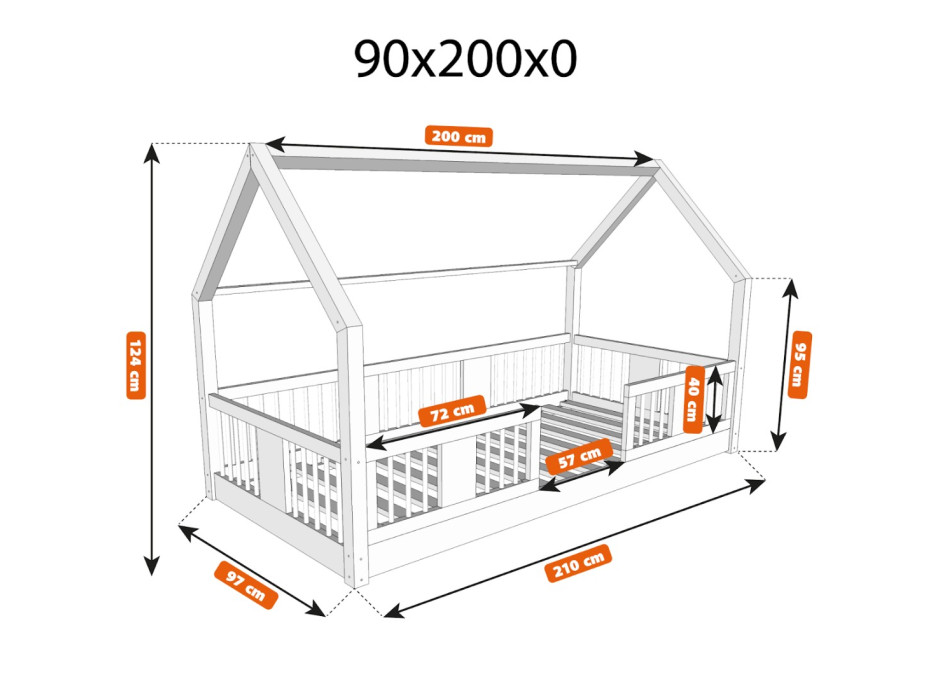 Dětská domečková Montessori postel z masivu borovice LUNA L - 200x90 cm