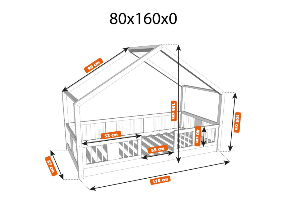 Dětská domečková Montessori postel z masivu borovice LUNA S - 160x80 cm