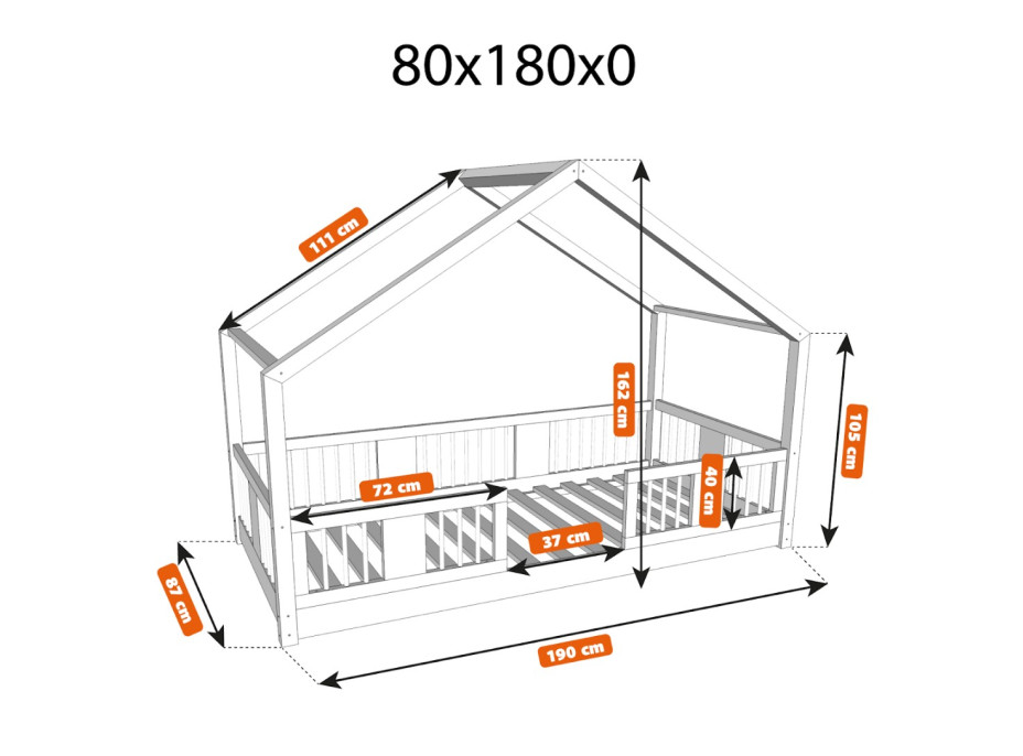 Dětská domečková Montessori postel z masivu borovice LUNA S - 180x80 cm