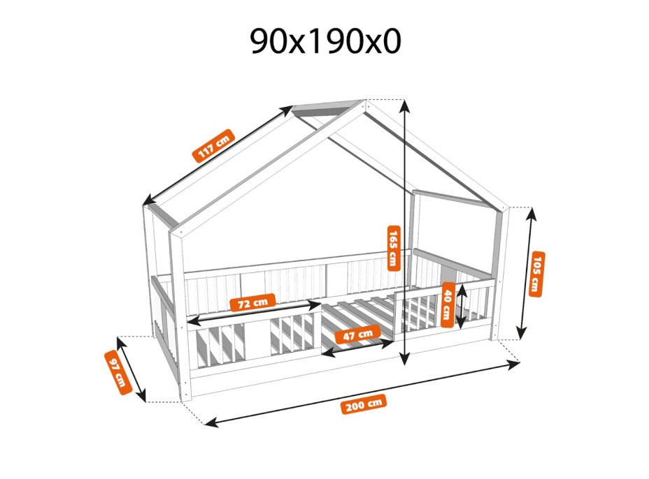 Dětská domečková Montessori postel z masivu borovice LUNA S - 190x90 cm