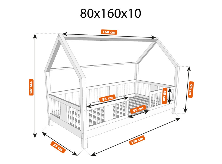 Dětská domečková postel z masivu borovice LUNA L 10 - 160x80 cm