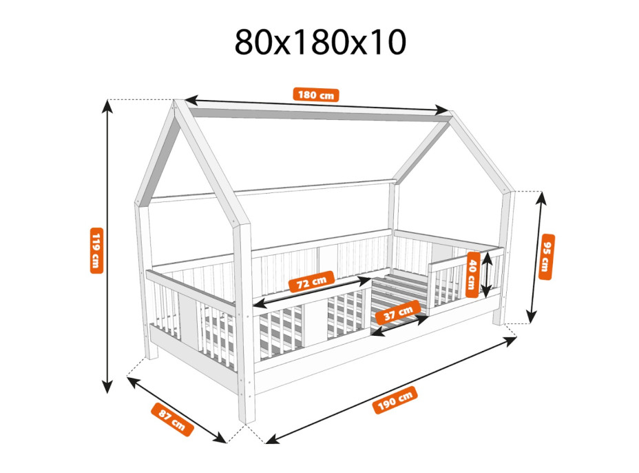 Dětská domečková postel z masivu borovice LUNA L 10 - 180x80 cm