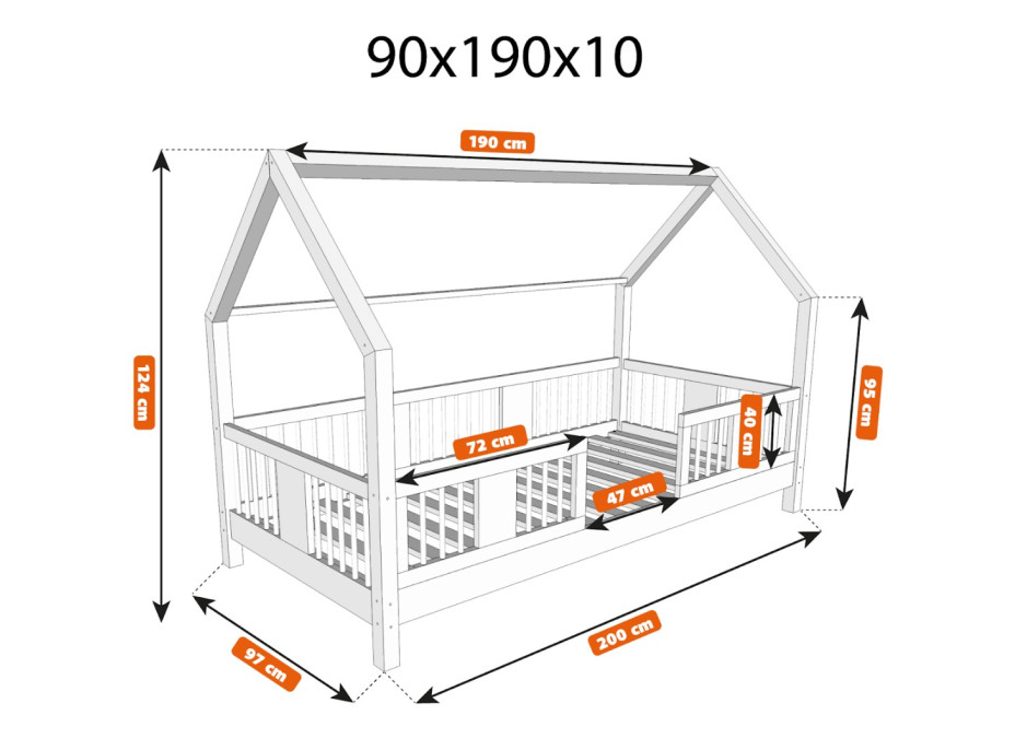 Dětská domečková postel z masivu borovice LUNA L 10 - 190x90 cm