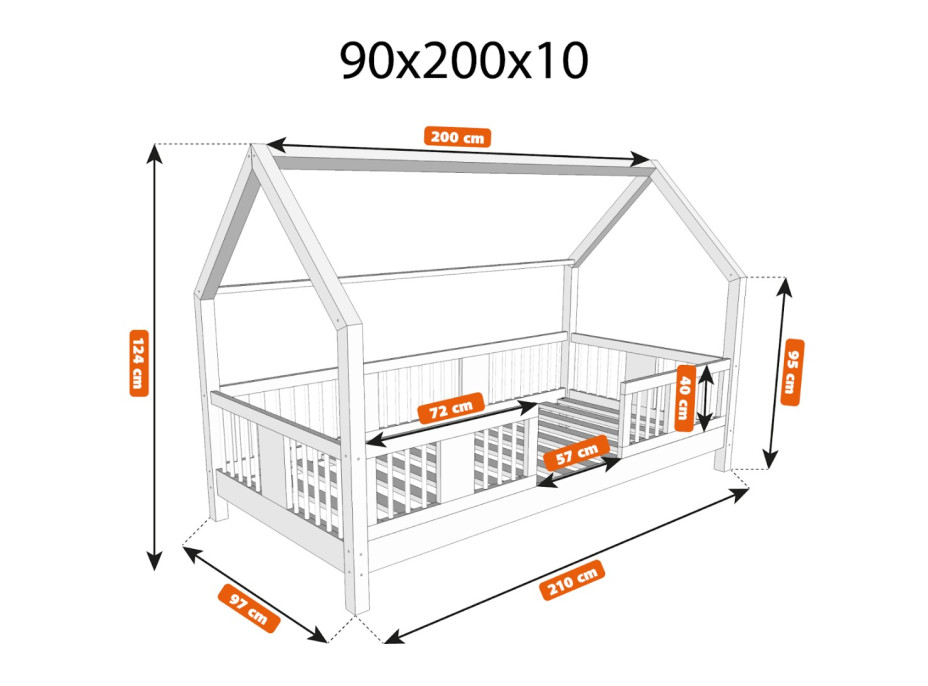 Dětská domečková postel z masivu borovice LUNA L 10 - 200x90 cm