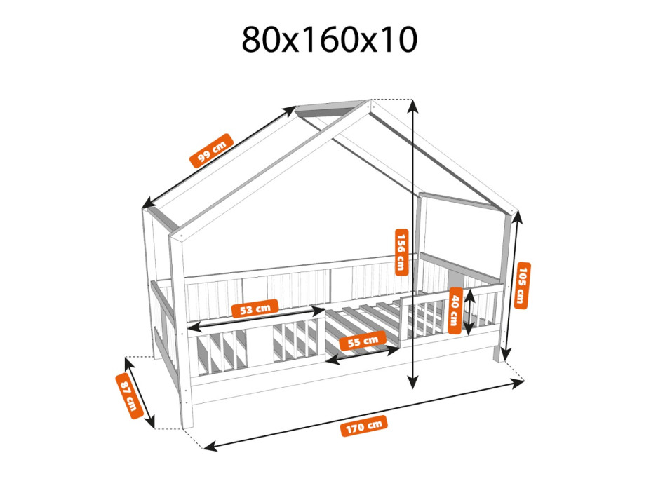 Dětská domečková postel z masivu borovice LUNA S 10 - 160x80 cm