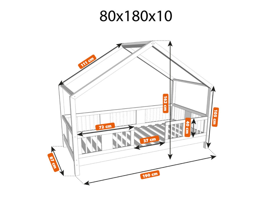 Dětská domečková postel z masivu borovice LUNA S 10 - 180x80 cm