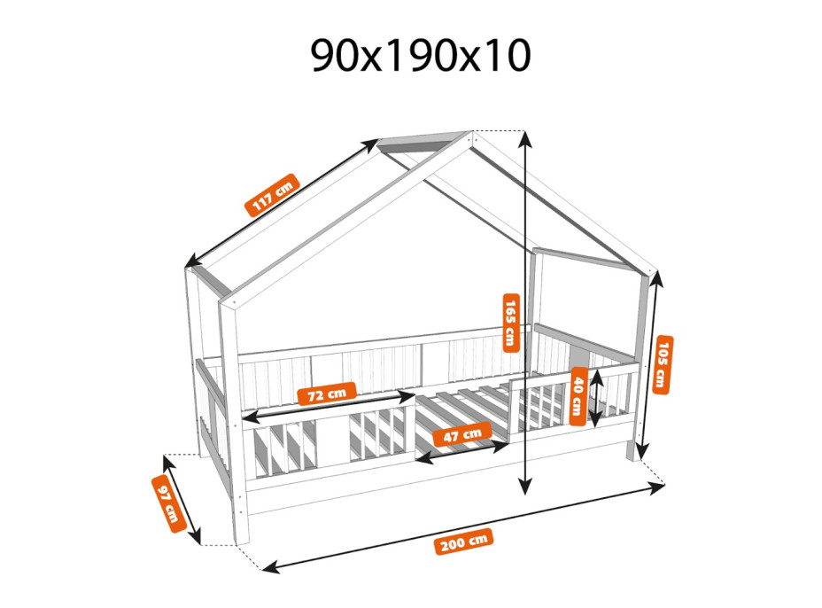 Dětská domečková postel z masivu borovice LUNA S 10 - 190x90 cm