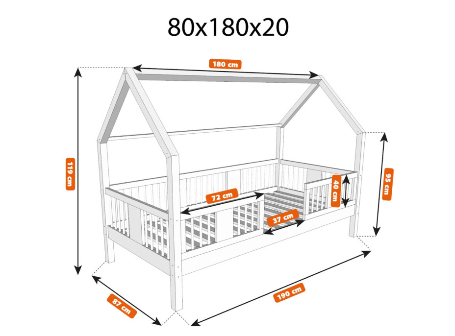 Dětská domečková postel z masivu borovice LUNA L 20 - 180x80 cm
