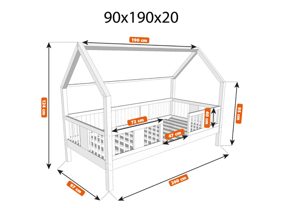 Dětská domečková postel z masivu borovice LUNA L 20 - 190x90 cm