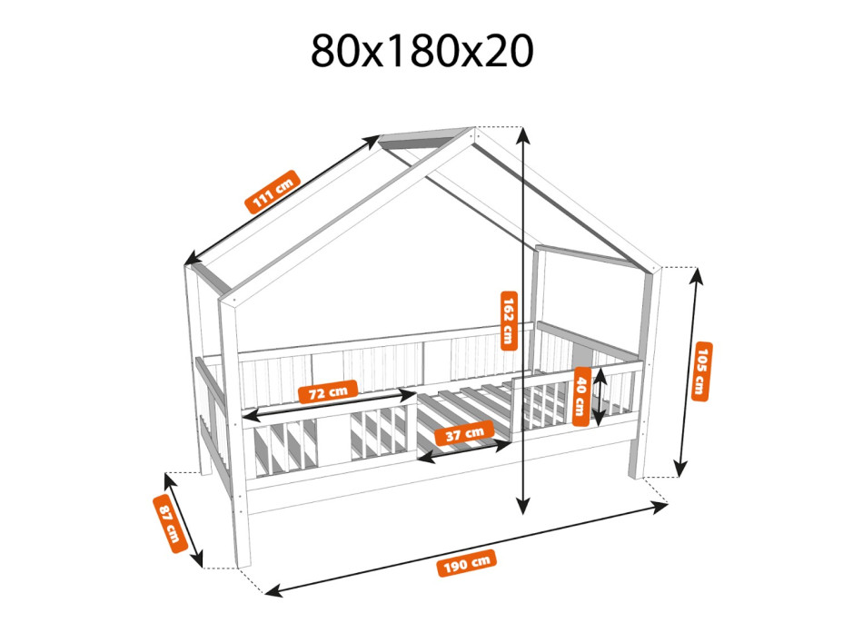 Dětská domečková postel z masivu borovice LUNA S 20 - 180x80 cm