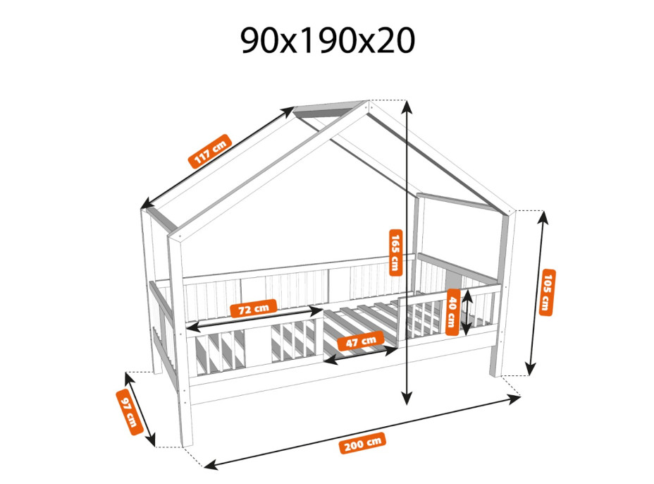 Dětská domečková postel z masivu borovice LUNA S 20 - 190x90 cm