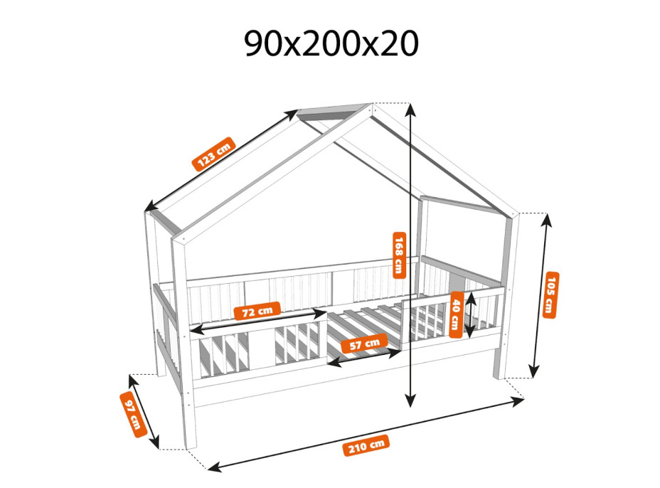 Dětská domečková postel z masivu borovice LUNA S 20 - 200x90 cm