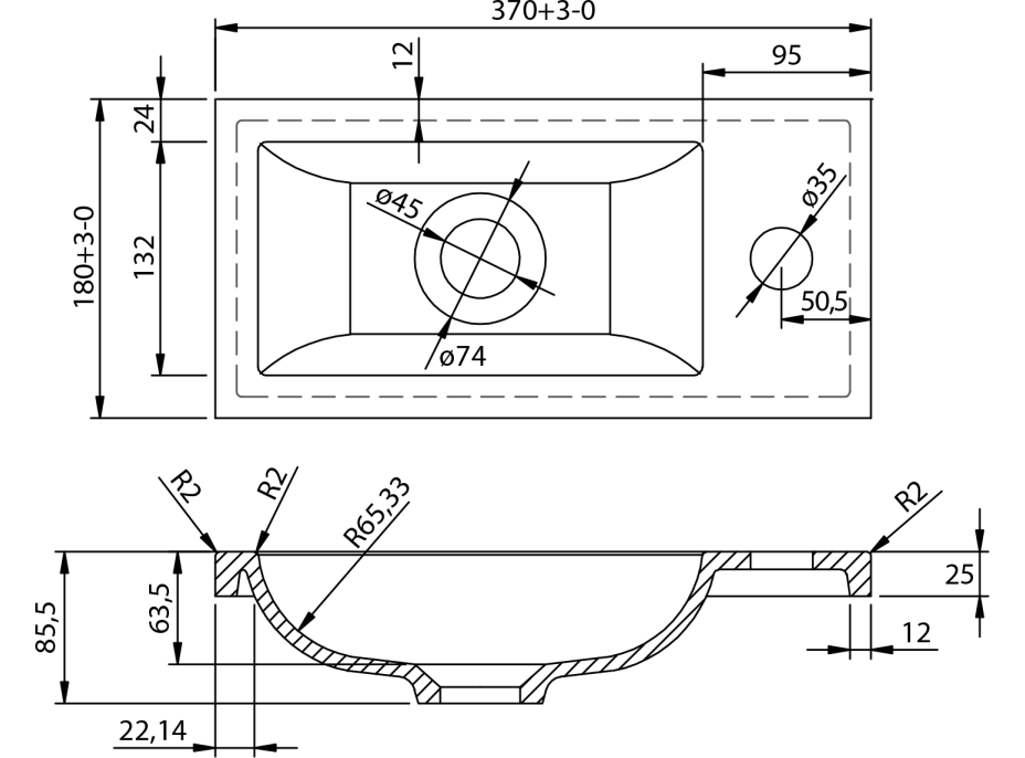 Aqualine Umývátko nábytkové, litý mramor, 37x18cm, bílá LM370
