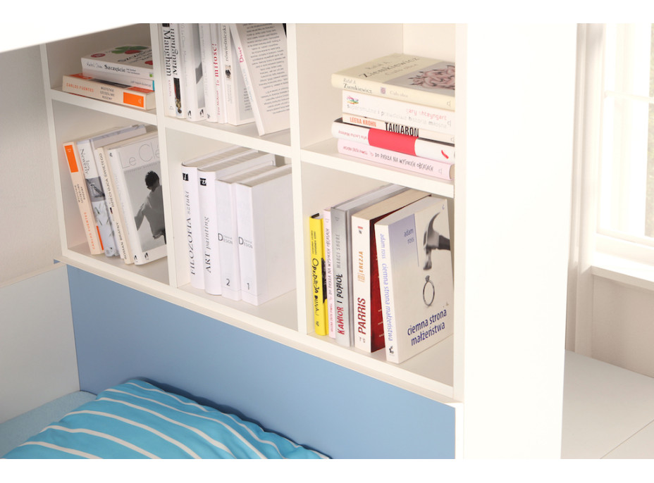 Dětská patrová postel z masivu borovice GASPAR se šuplíky a regálem - 200x80 cm - bílá