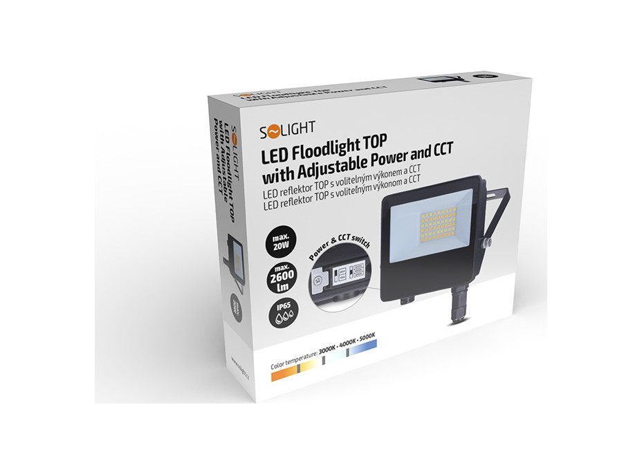 Solight LED reflektor TOP, 20W, max. 2600lm, 3CCT, volitený výkon 100/50%, IP65, rychlokonektor