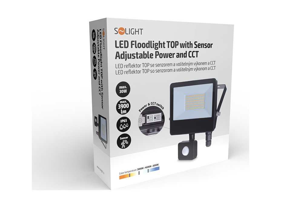 Solight LED reflektor se senzorem TOP, 30W, max. 3900lm, 3CCT, volitený výkon 100/66%, IP65, rychlospojka