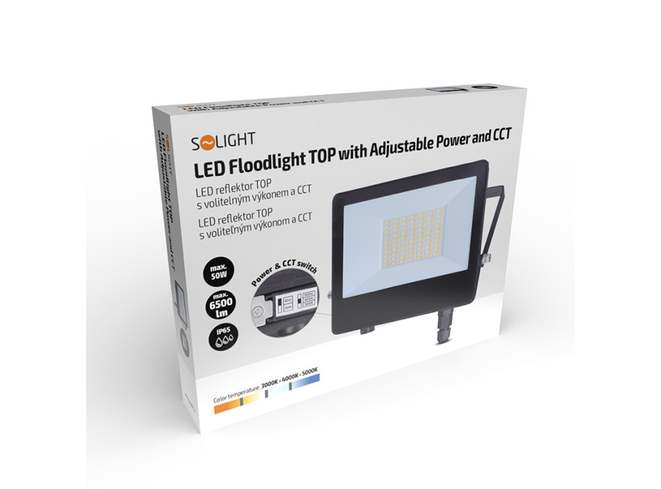 Solight LED reflektor TOP, 50W, max. 6500lm, 3CCT, volitený výkon 100/60%, IP65, rychlokonektor
