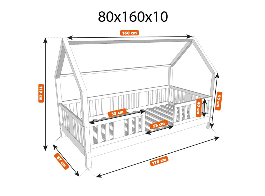 Dětská domečková postel z masivu borovice NIKO L 10 - 160x80 cm