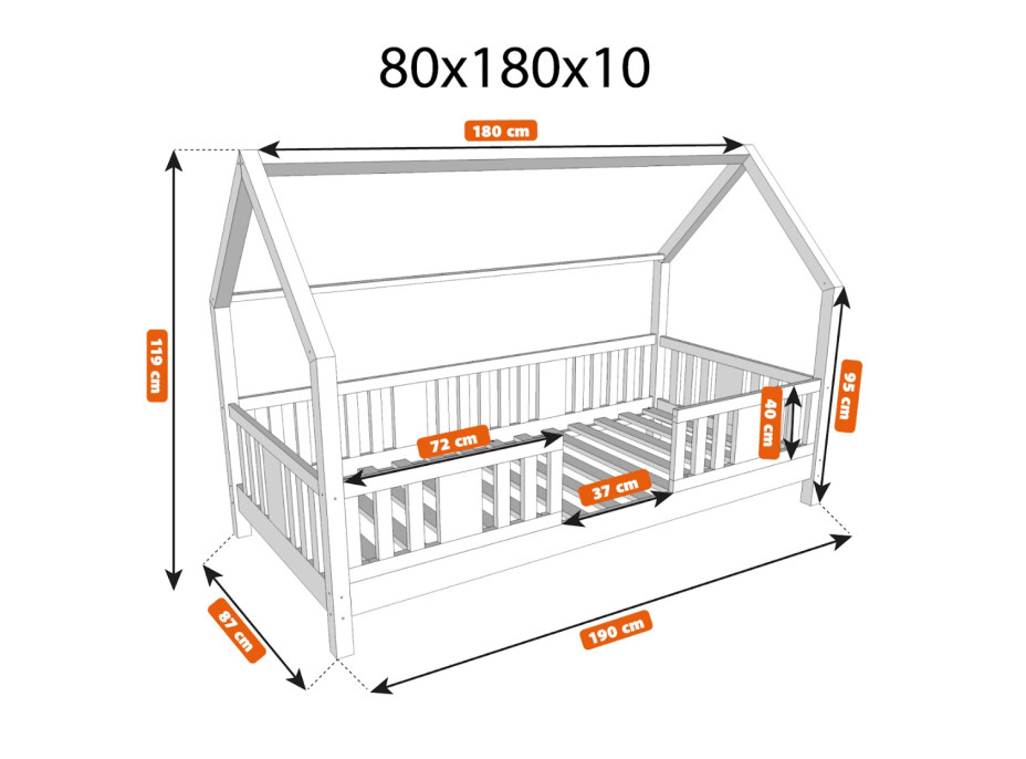 Dětská domečková postel z masivu borovice NIKO L 10 - 180x80 cm