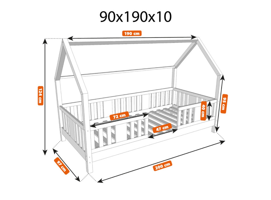 Dětská domečková postel z masivu borovice NIKO L 10 - 190x90 cm