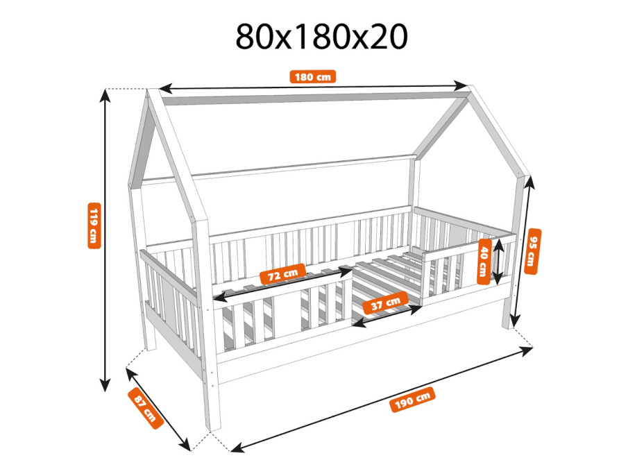 Dětská domečková postel z masivu borovice NIKO L 20 - 180x80 cm