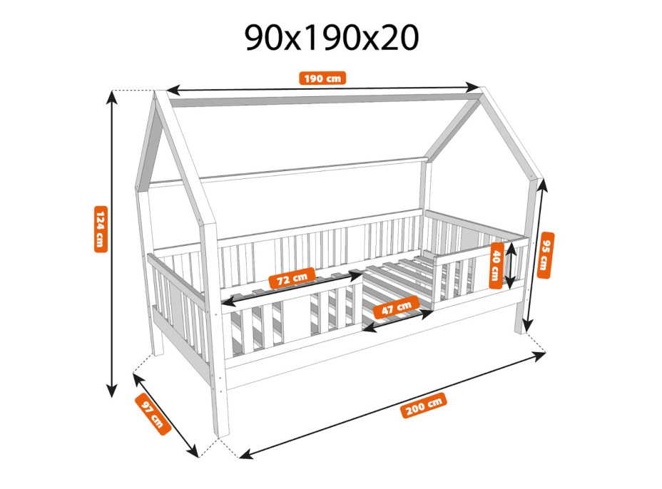 Dětská domečková postel z masivu borovice NIKO L 20 - 190x90 cm