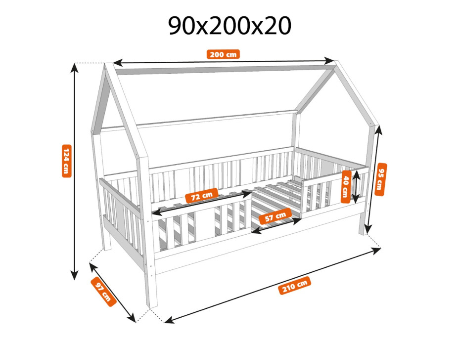 Dětská domečková postel z masivu borovice NIKO L 20 - 200x90 cm