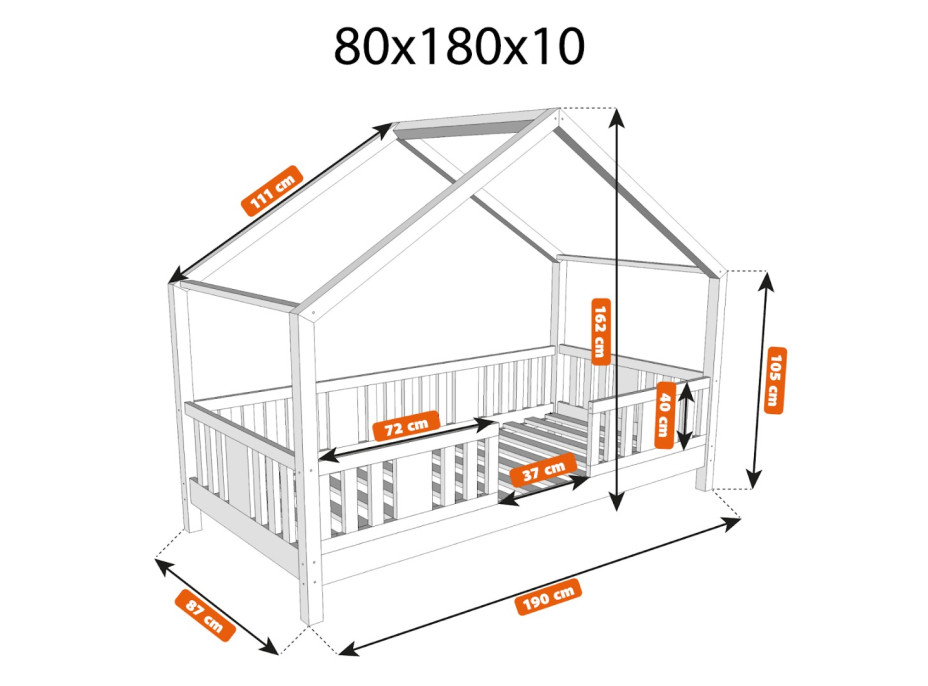 Dětská domečková postel z masivu borovice NIKO S 10 - 180x80 cm