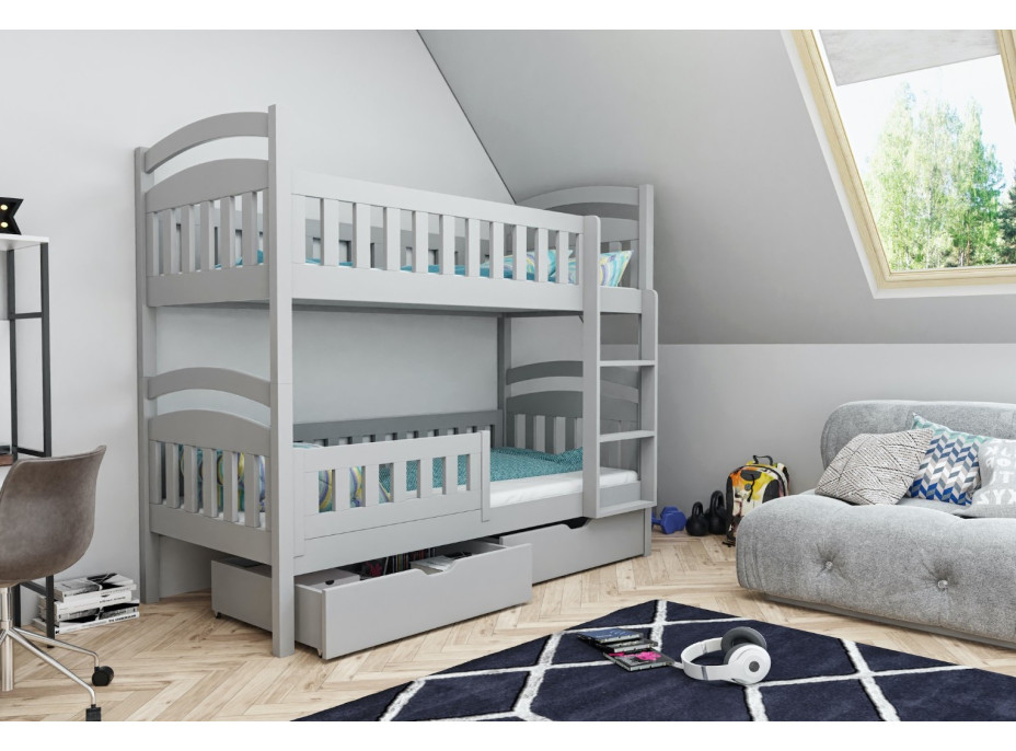 Dětská patrová postel z masivu borovice DOMINIK II se šuplíky - 200x90 cm - šedá