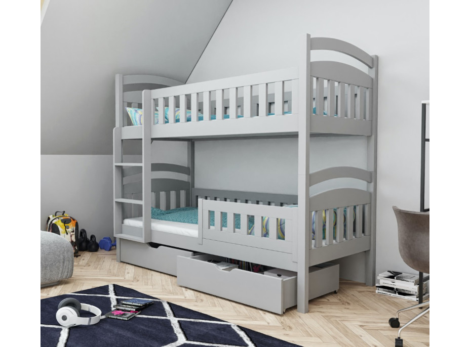 Dětská patrová postel z masivu borovice DOMINIK II se šuplíky - 200x90 cm - šedá