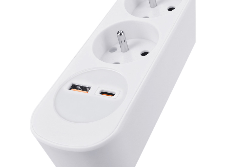 Solight prodlužovací přívod 3 zásuvky, USB A+C 20W PD, 2m, 3 x 1mm2, bílý, vypínač
