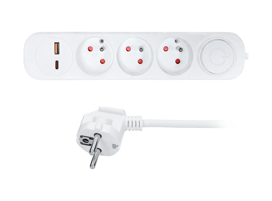 Solight prodlužovací přívod 3 zásuvky, USB A+C 20W PD, 5m, 3 x 1mm2, bílý, vypínač