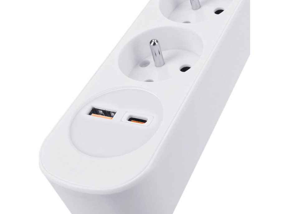 Solight prodlužovací přívod 3 zásuvky, USB A+C 20W PD, 5m, 3 x 1mm2, bílý, vypínač