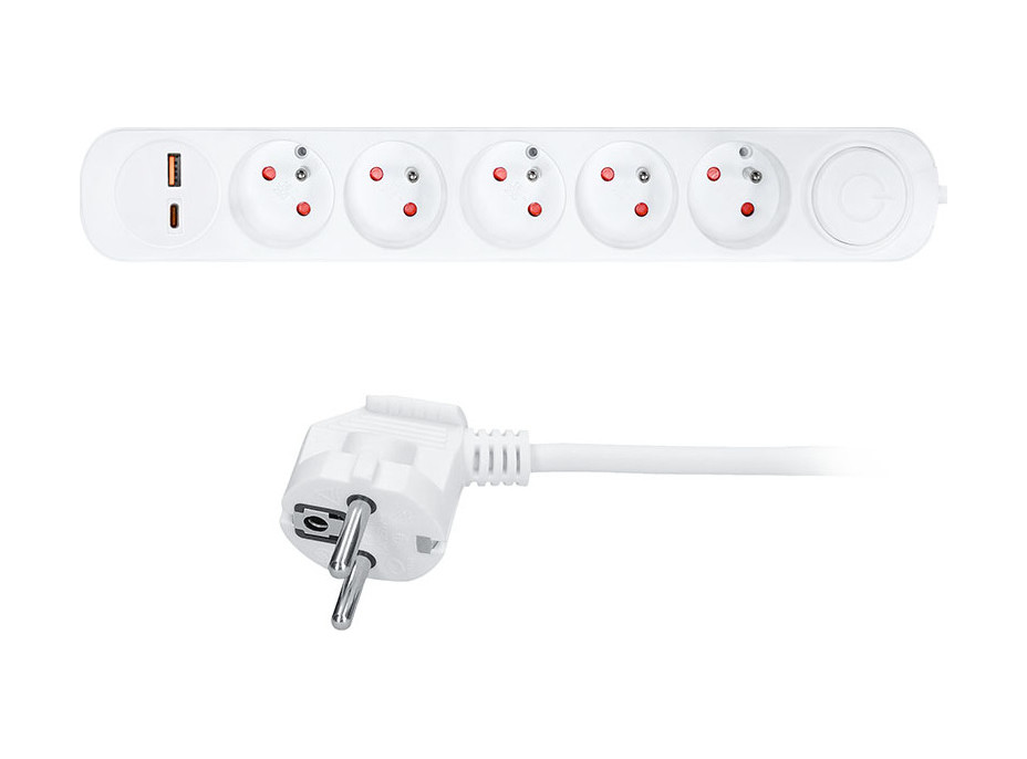 Solight prodlužovací přívod 5 zásuvek, USB A+C 20W PD, 3m, 3 x 1mm2, bílý, vypínač