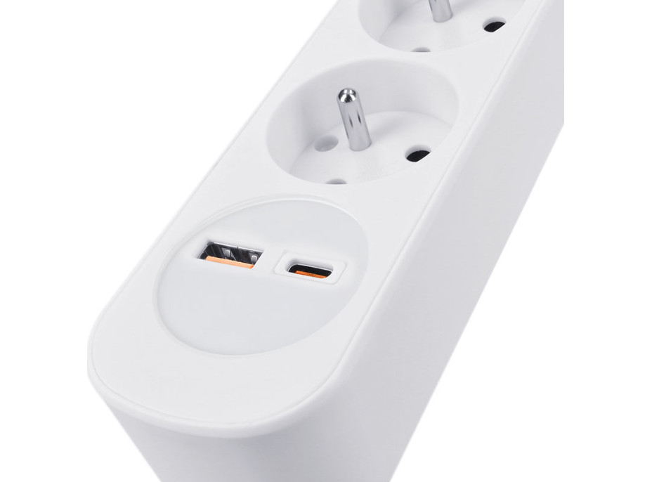 Solight prodlužovací přívod 5 zásuvek, USB A+C 20W PD, 3m, 3 x 1mm2, bílý, vypínač