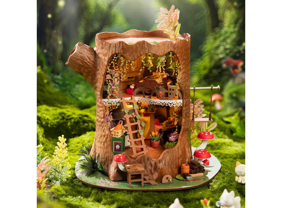 RoboTime 3D dřevěná skládačka Miniatura domečku Lesní chaloupka z pařezu