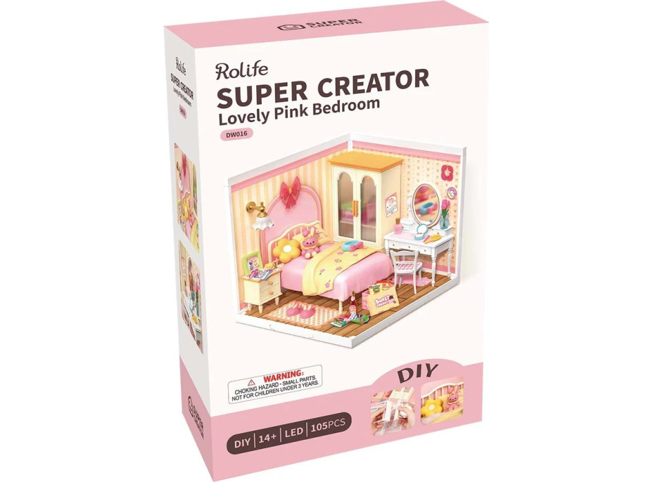 RoboTime 3D dřevěná skládačka Miniatura domečku Růžový pokojíček